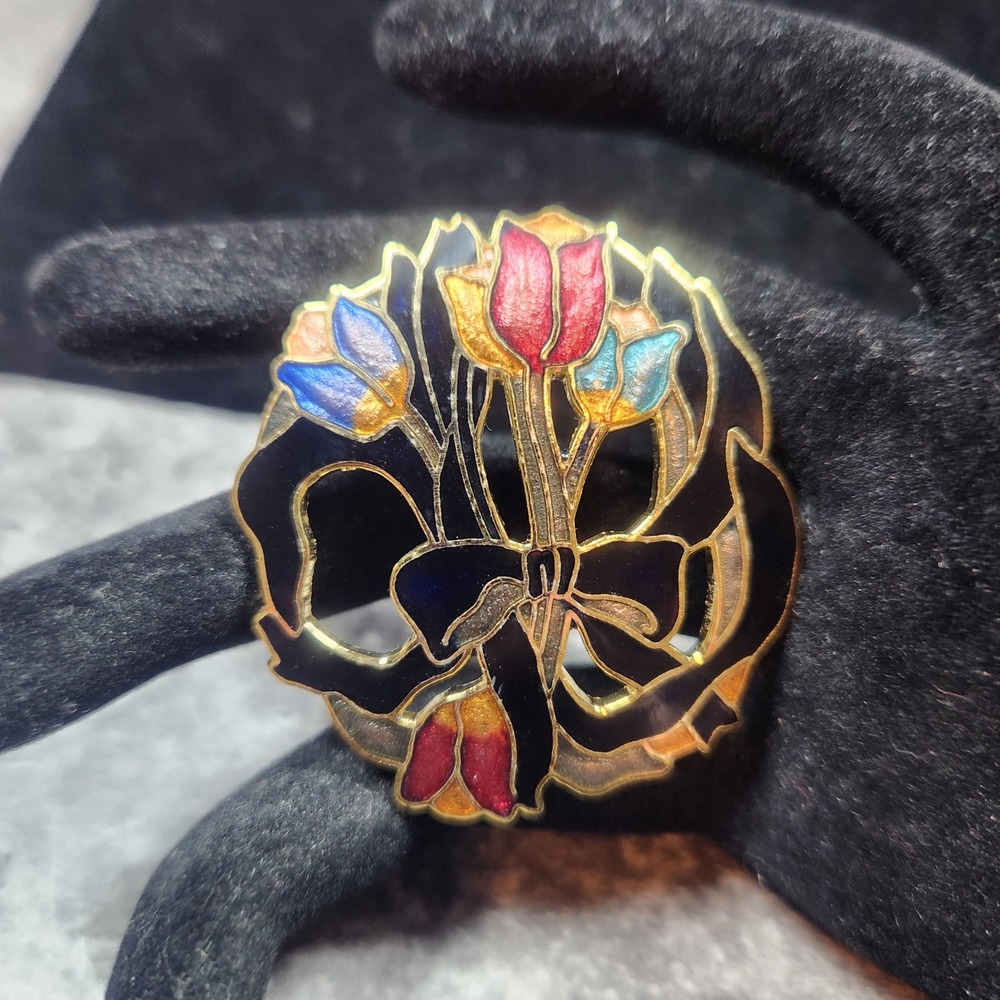 Vintage Gold Tone cloisonne Tulip Flower Bouquet Round Brooch Black Red Blue